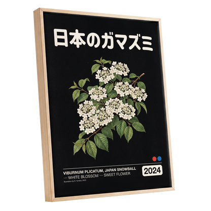Japan Snowball Nocturne, black, green, white floral wall art shown as a oak framed canvas wall art