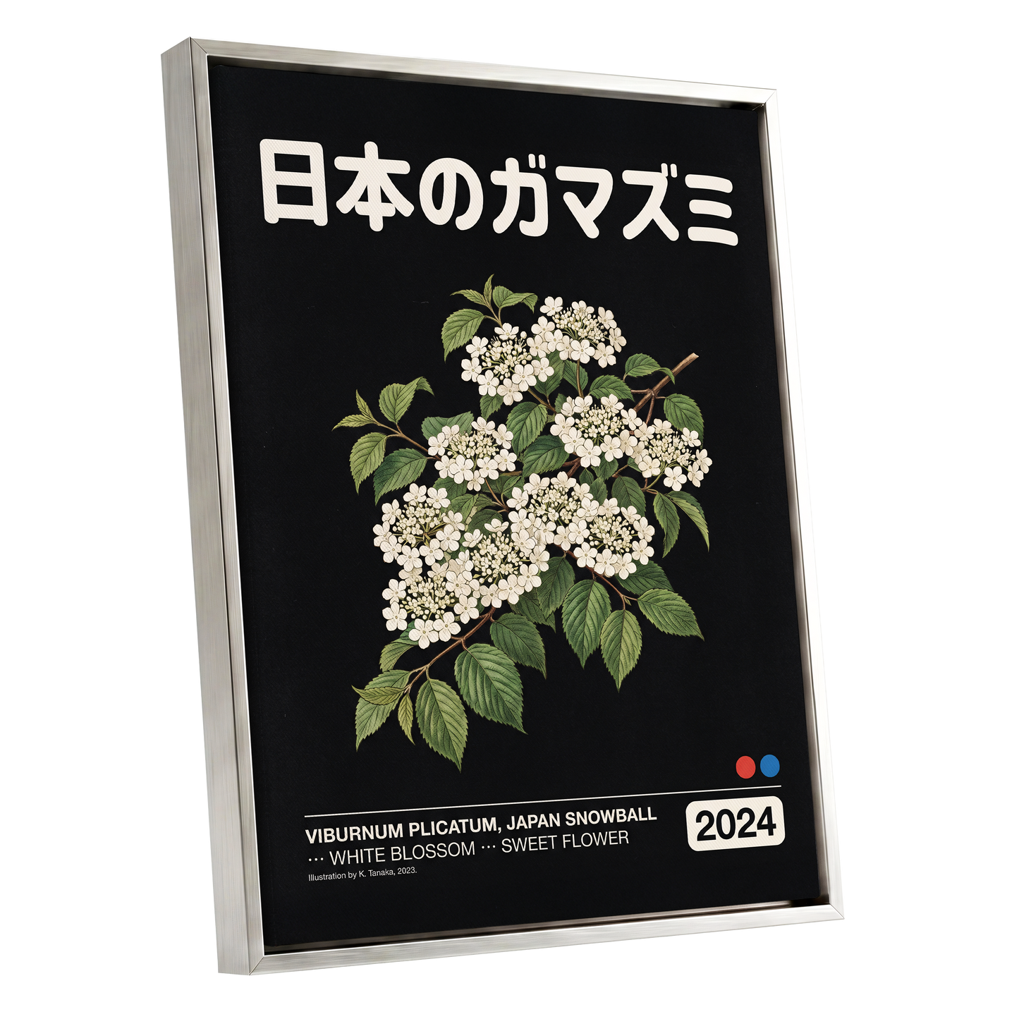 Japan Snowball Nocturne, black, green, white floral wall art shown as a silver framed canvas wall art