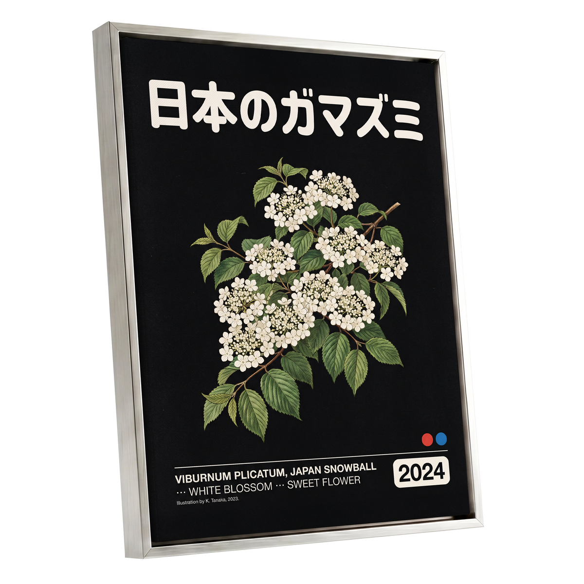 Japan Snowball Nocturne, black, green, white floral wall art shown as a silver framed canvas wall art
