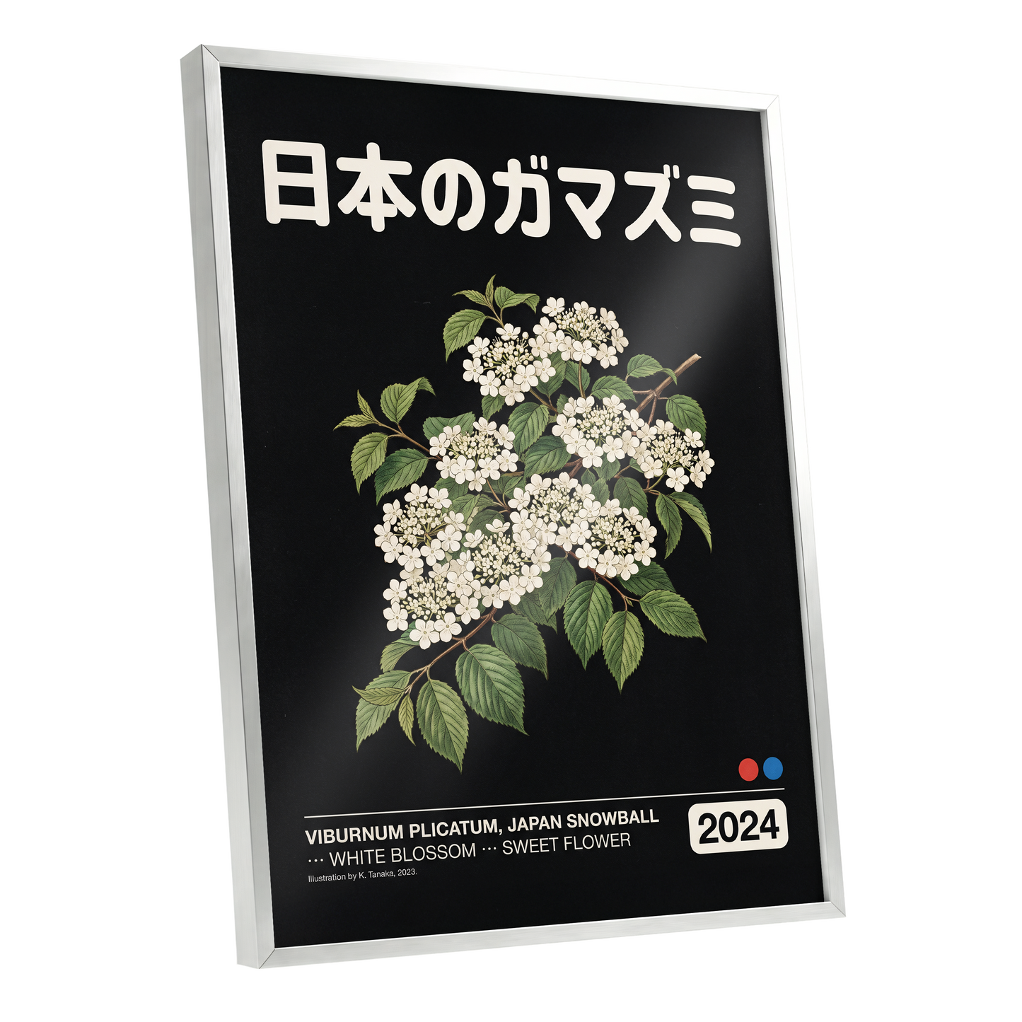 Japan Snowball Nocturne, black, green, white floral wall art shown as a silver framed poster wall art print