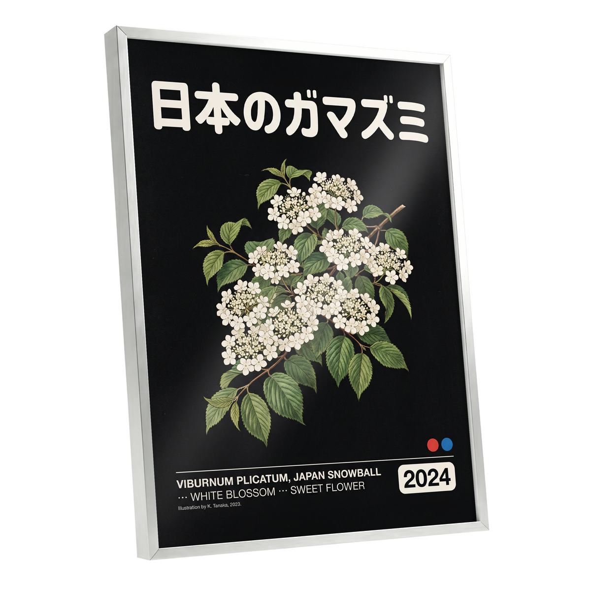 Japan Snowball Nocturne, black, green, white floral wall art shown as a silver framed poster wall art print