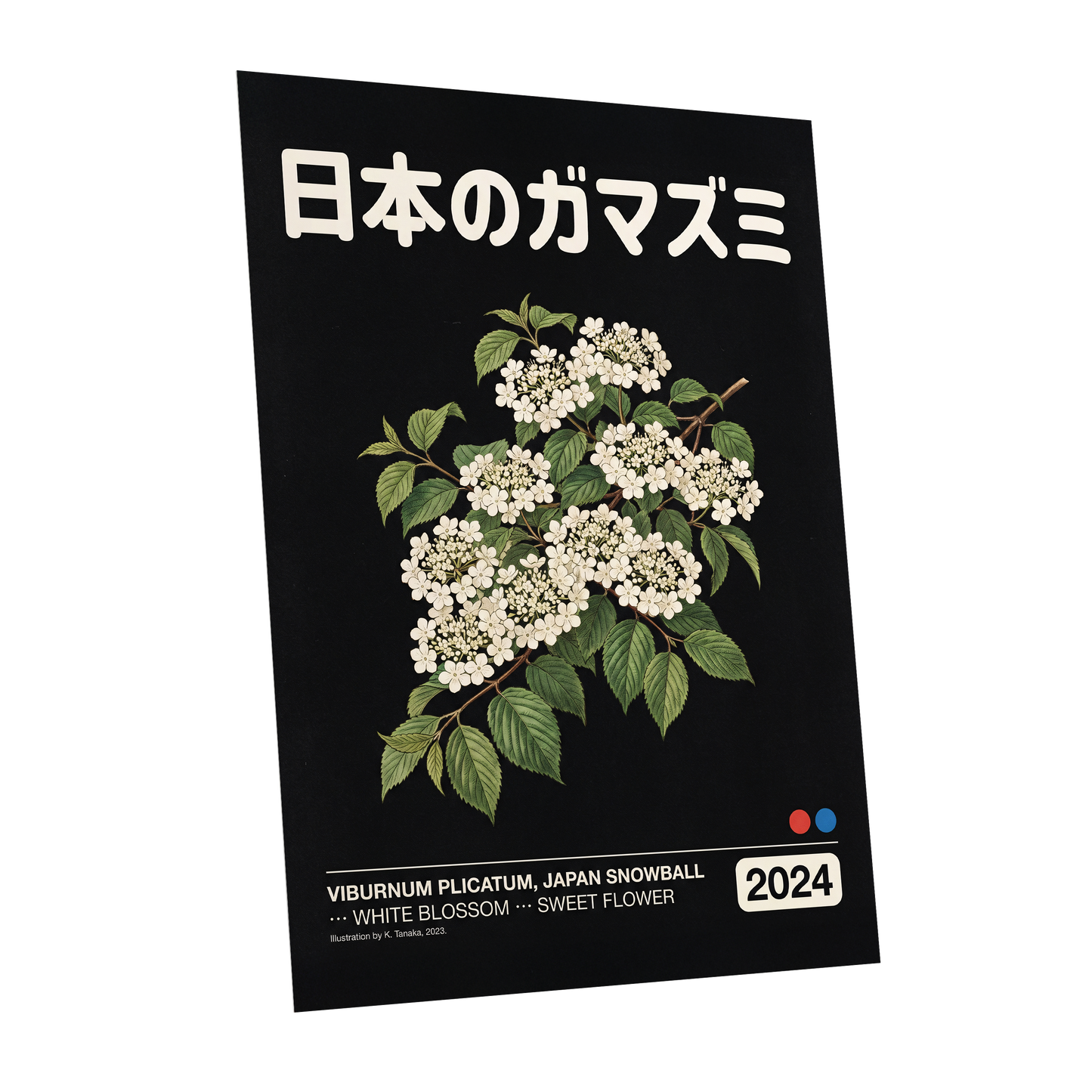 Japan Snowball Nocturne, black, green, white floral wall art shown as a unframed poster wall art print
