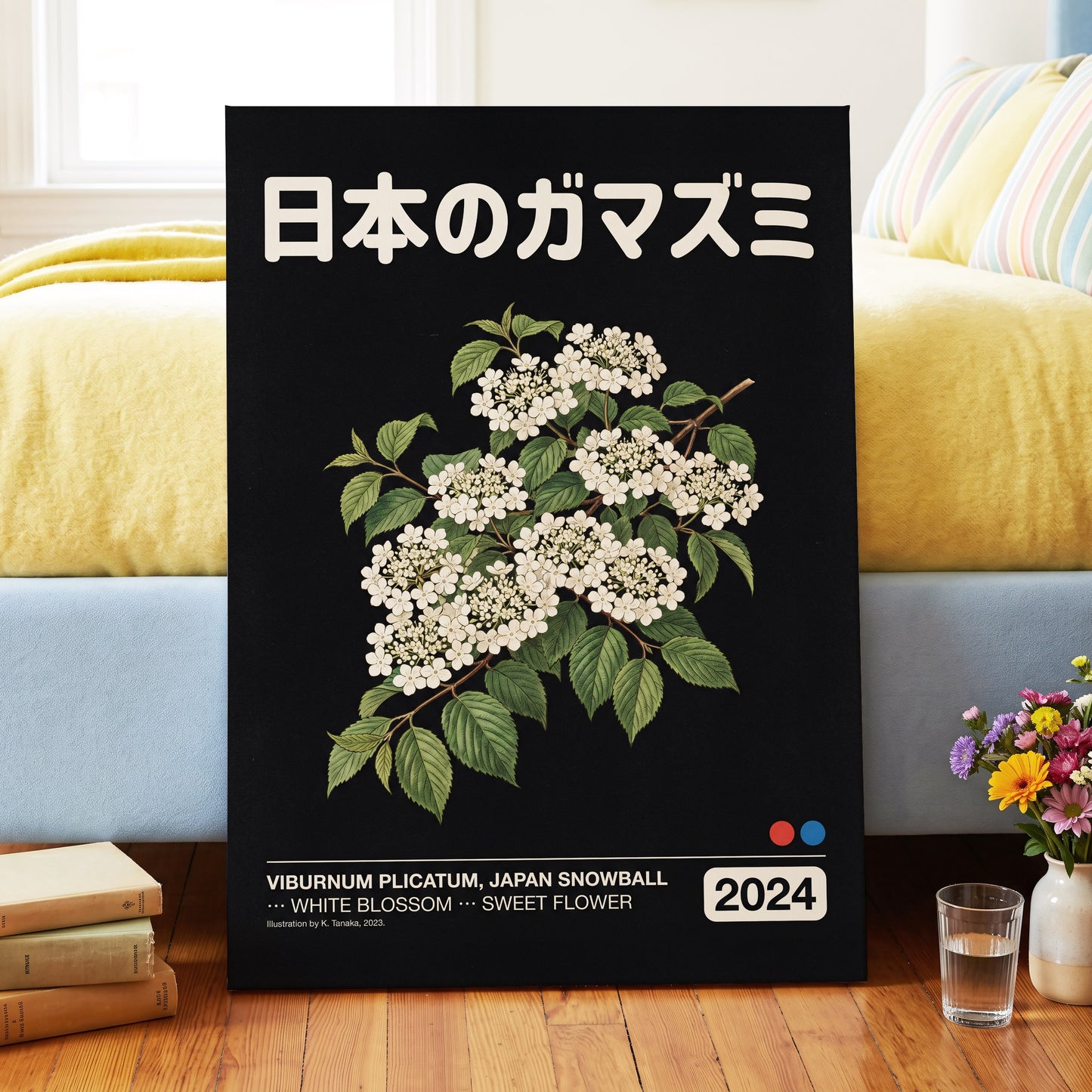 Japan Snowball Nocturne, black, green, white floral wall art displayed in a styled interior, gallery view 7