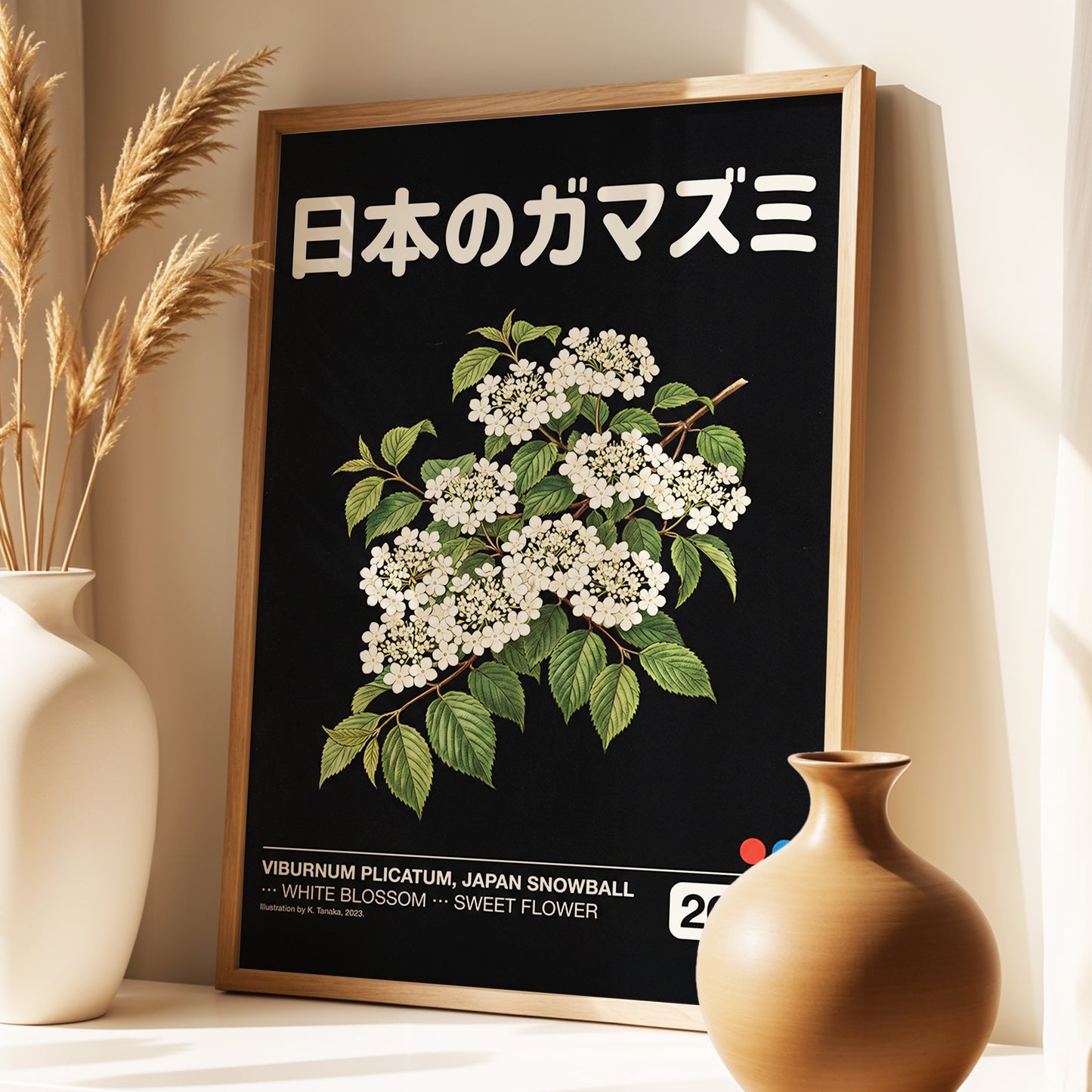 Japan Snowball Nocturne, black, green, white floral wall art displayed in a styled interior, gallery view 9