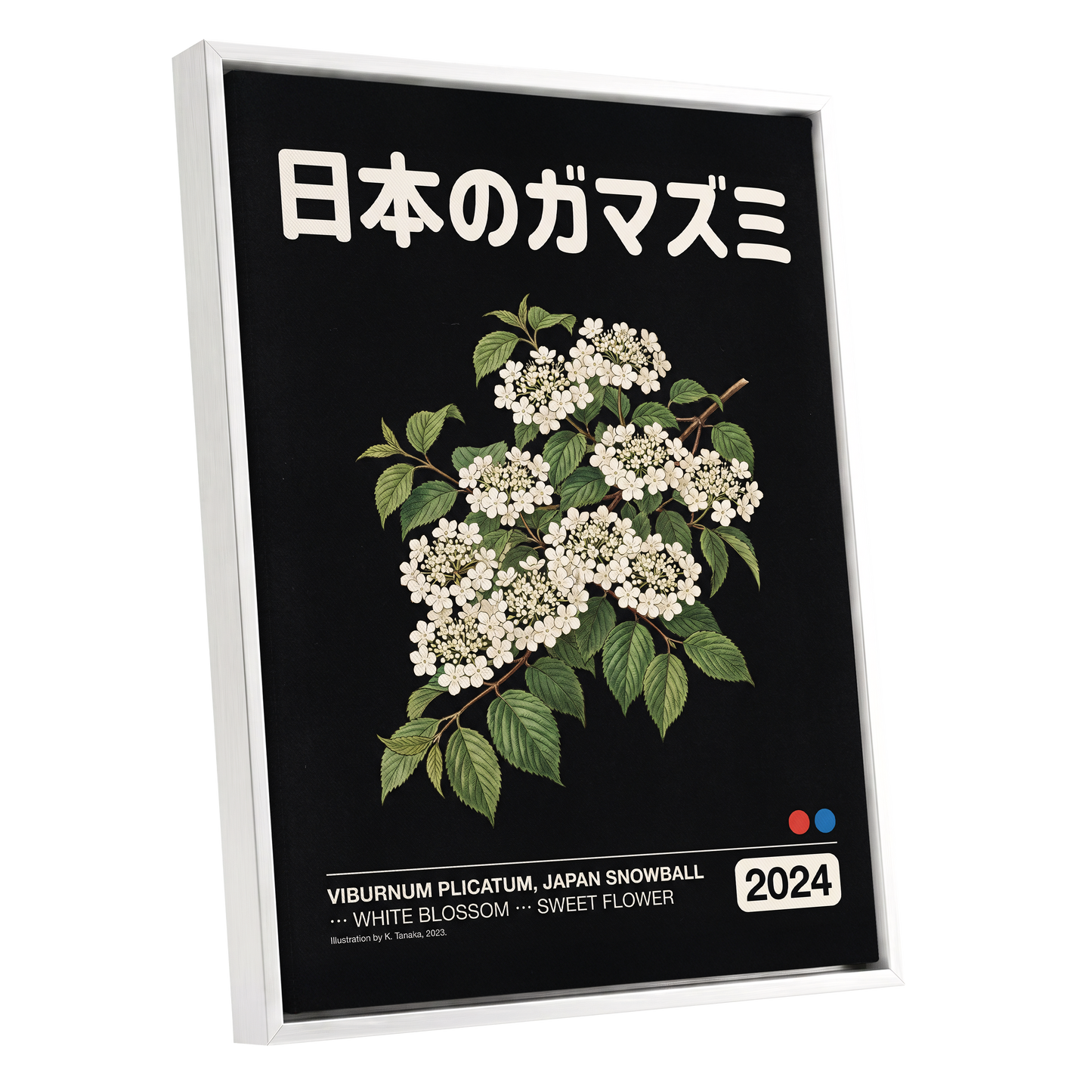 Japan Snowball Nocturne, black, green, white floral wall art shown as a white framed canvas wall art