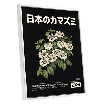 Japan Snowball Nocturne, black, green, white floral wall art shown as a white framed canvas wall art