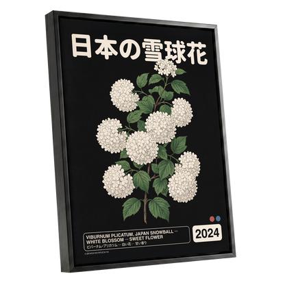 Japan Snowball Study, black, green, white floral wall art shown as a black framed canvas wall art