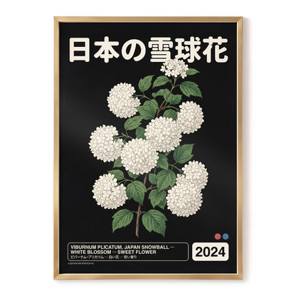 Japan Snowball Study, black, green, white floral wall art, front artwork view