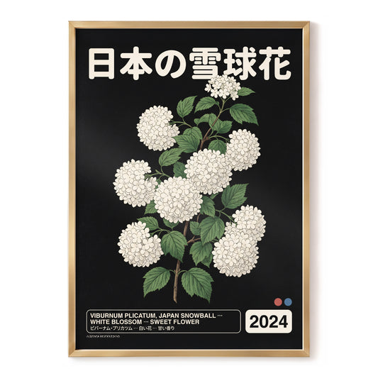 Japan Snowball Study, black, green, white floral wall art, front artwork view