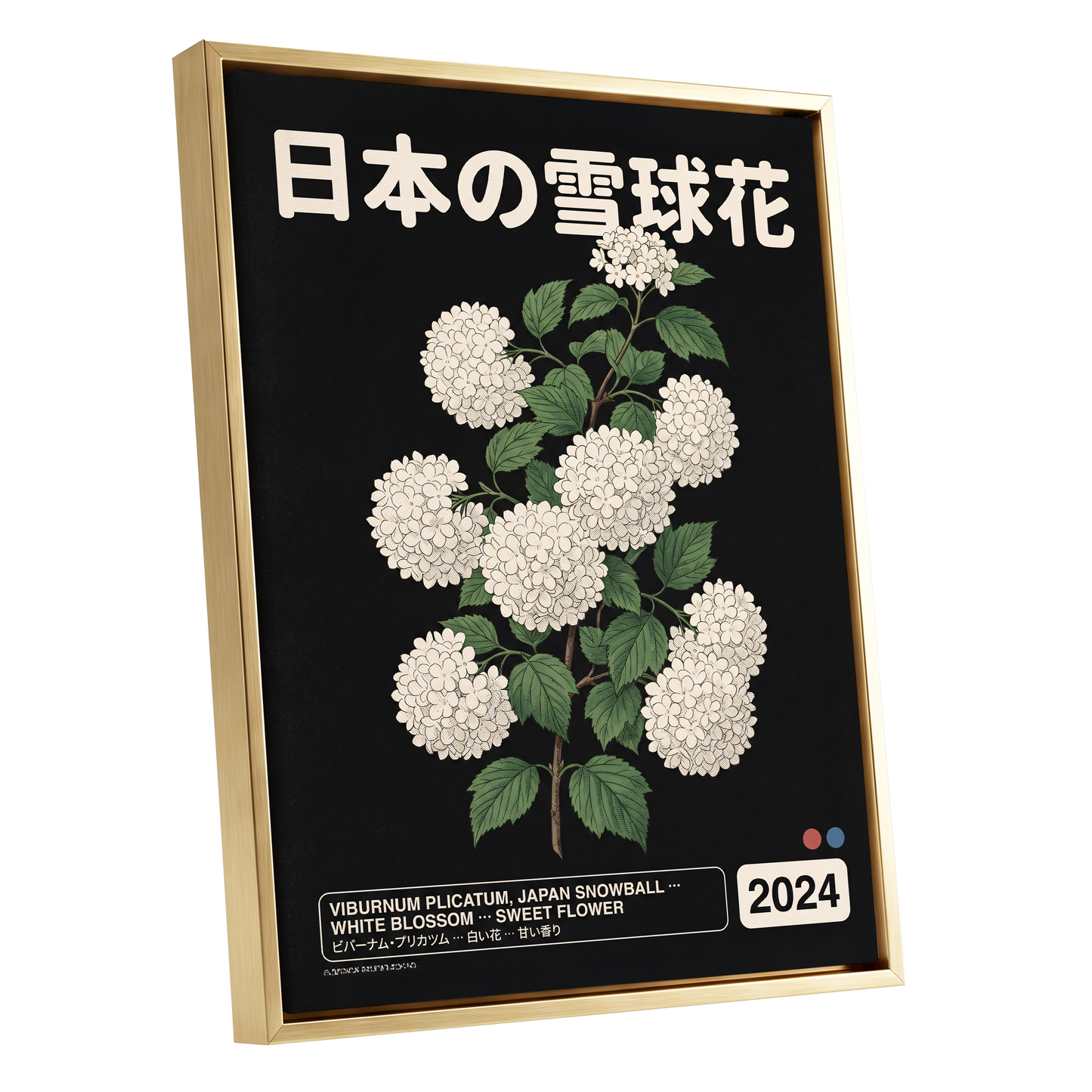 Japan Snowball Study, black, green, white floral wall art shown as a gold framed canvas wall art