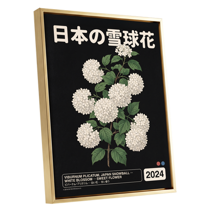 Japan Snowball Study, black, green, white floral wall art shown as a gold framed canvas wall art