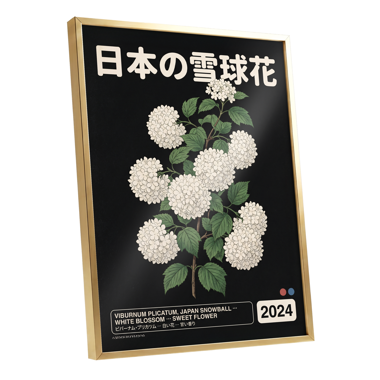 Japan Snowball Study, black, green, white floral wall art shown as a gold framed poster wall art print