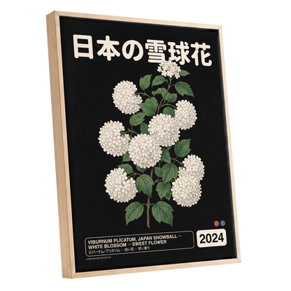 Japan Snowball Study, black, green, white floral wall art shown as a oak framed canvas wall art