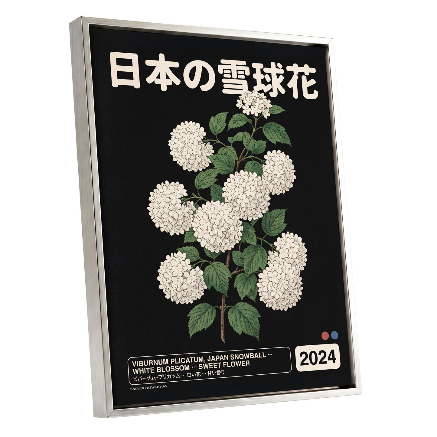 Japan Snowball Study, black, green, white floral wall art shown as a silver framed canvas wall art
