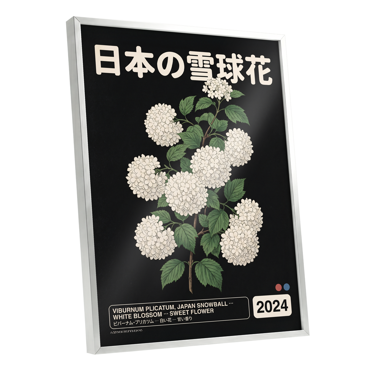 Japan Snowball Study, black, green, white floral wall art shown as a silver framed poster wall art print