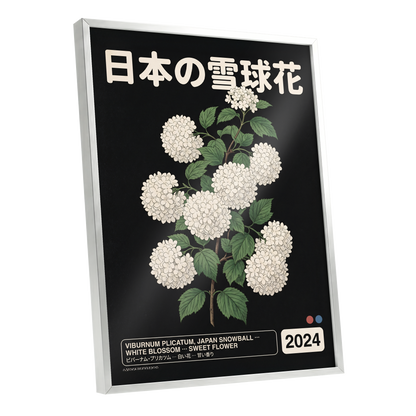 Japan Snowball Study, black, green, white floral wall art shown as a silver framed poster wall art print