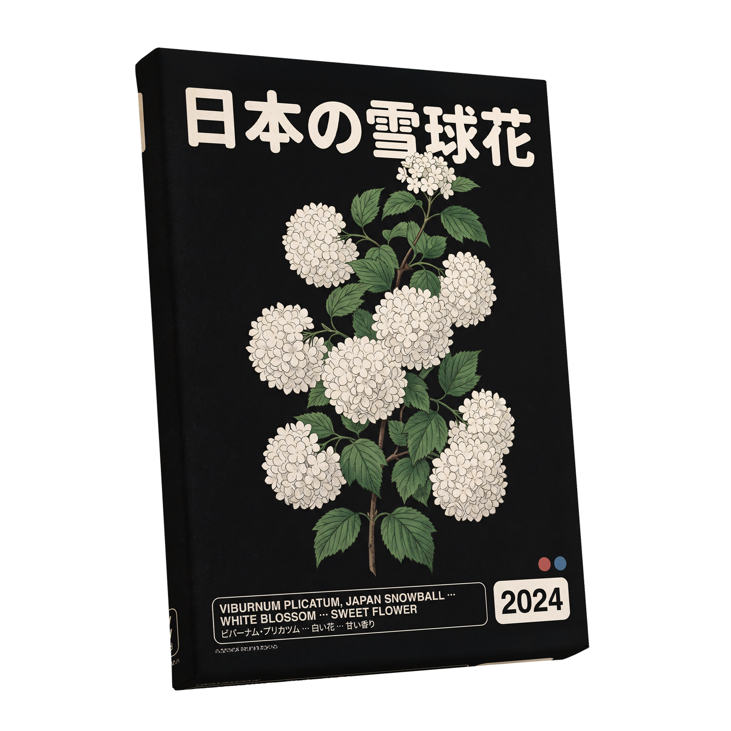 Japan Snowball Study, black, green, white floral wall art shown as a stretched canvas wall art