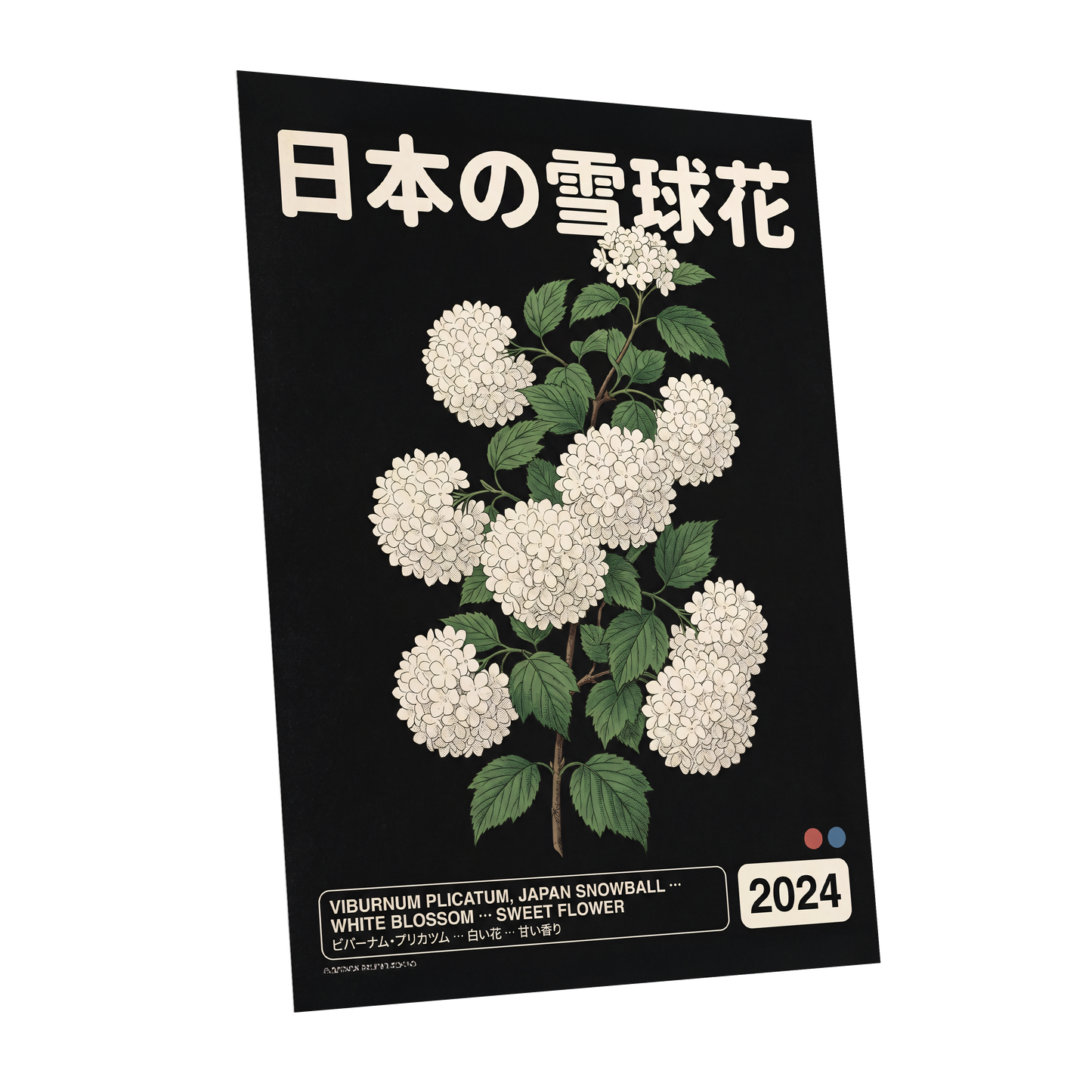 Japan Snowball Study, black, green, white floral wall art shown as a unframed poster wall art print