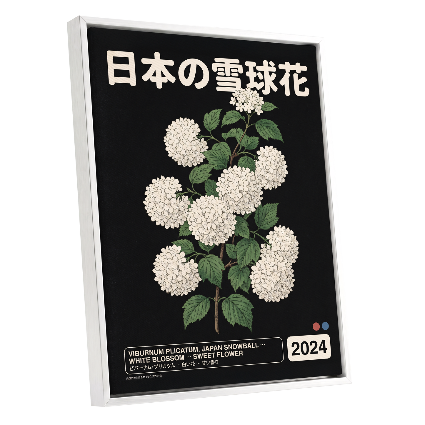 Japan Snowball Study, black, green, white floral wall art shown as a white framed canvas wall art