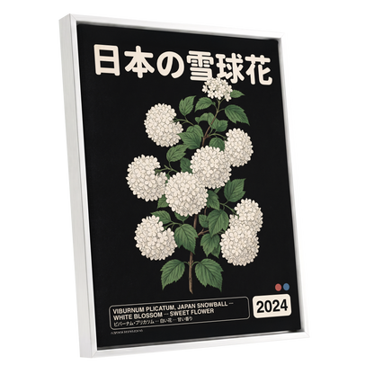 Japan Snowball Study, black, green, white floral wall art shown as a white framed canvas wall art