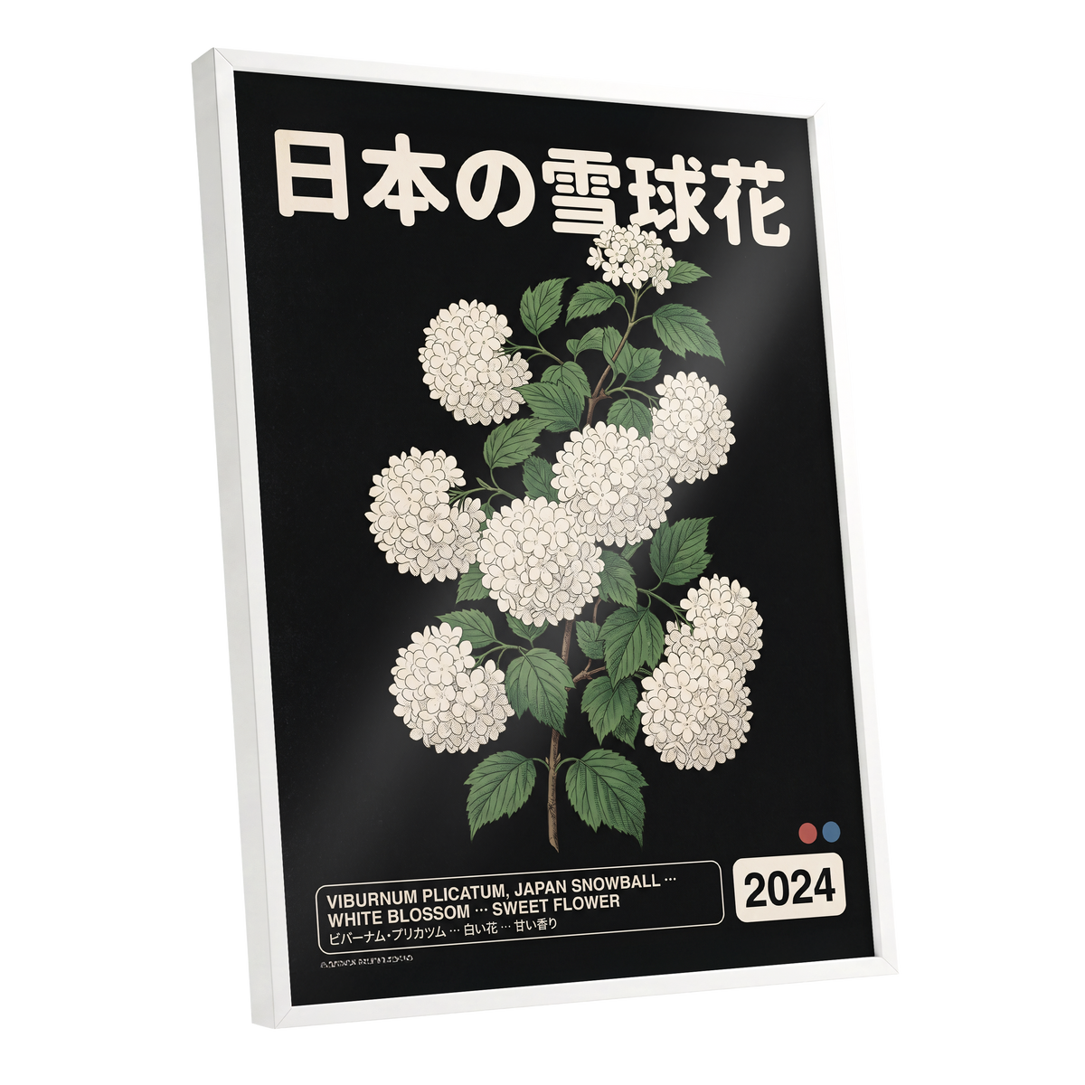 Japan Snowball Study, black, green, white floral wall art shown as a white framed poster wall art print