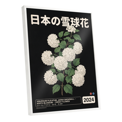 Japan Snowball Study, black, green, white floral wall art shown as a white framed poster wall art print