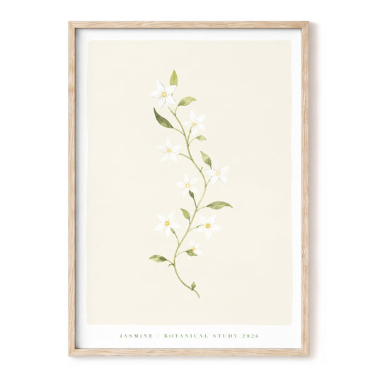 Jasmine Reverie, beige, green, white floral wall art, front artwork view