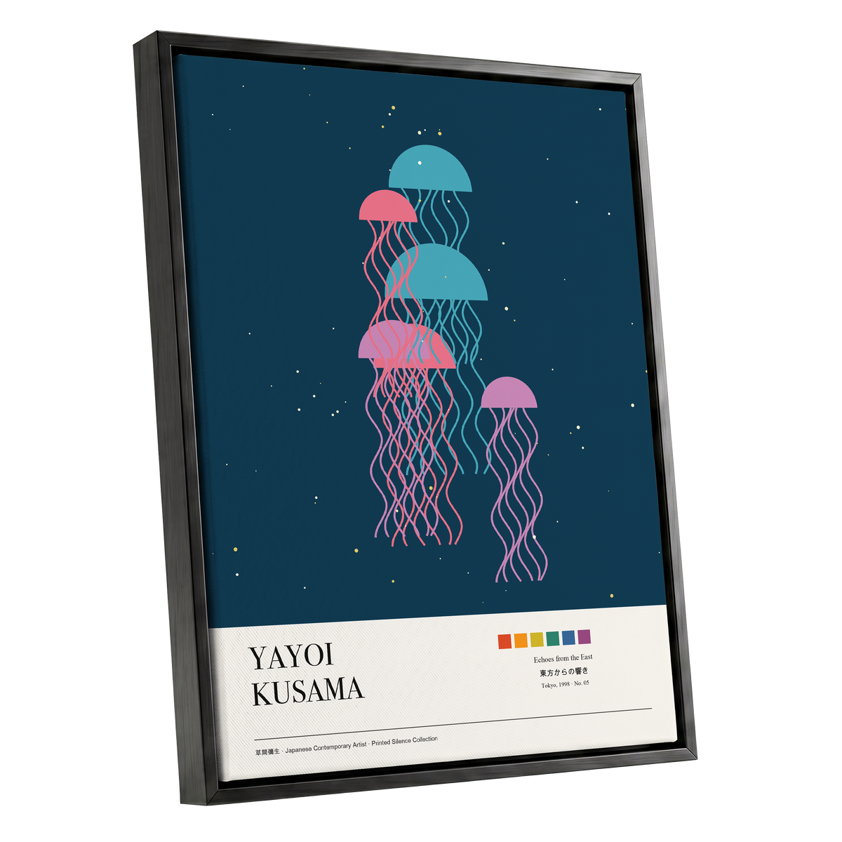 Jellyfish Constellation, blue, pink, beige nature wall art shown as a black framed canvas wall art