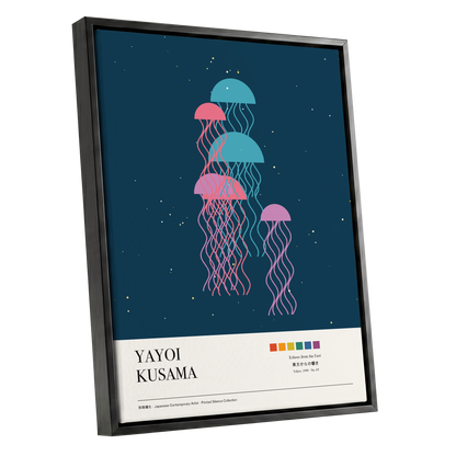Jellyfish Constellation, blue, pink, beige nature wall art shown as a black framed canvas wall art