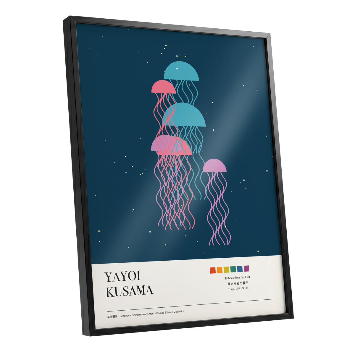 Jellyfish Constellation, blue, pink, beige nature wall art shown as a black framed poster wall art print