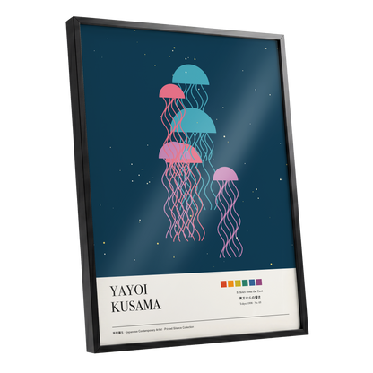 Jellyfish Constellation, blue, pink, beige nature wall art shown as a black framed poster wall art print