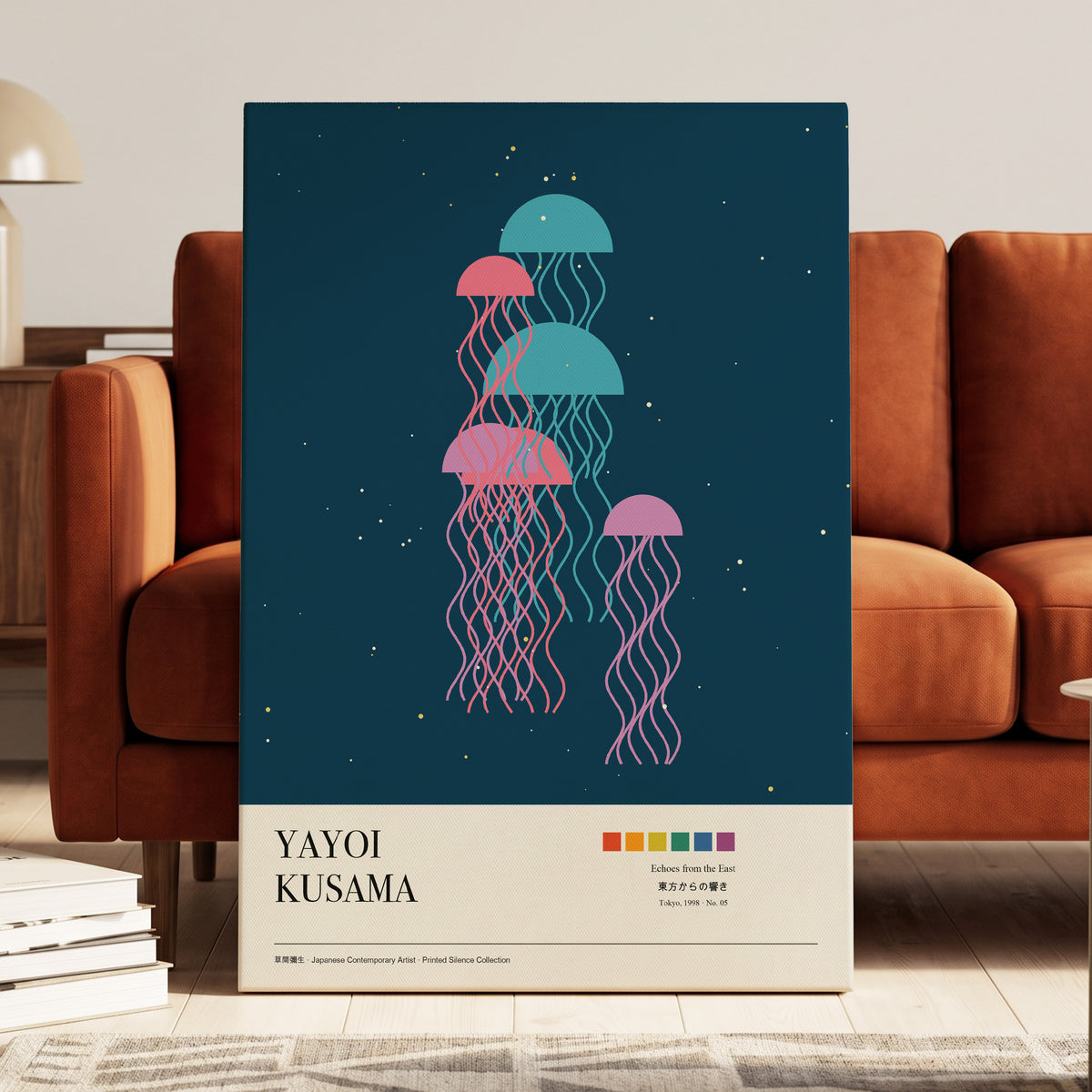 Jellyfish Constellation, blue, pink, beige nature wall art on canvas displayed in a styled interior, gallery view 1