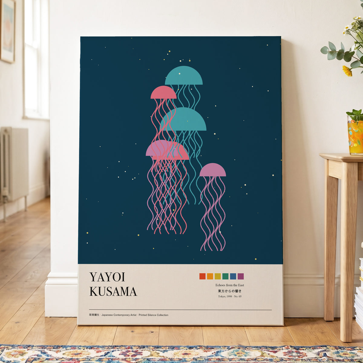 Jellyfish Constellation, blue, pink, beige nature wall art on canvas displayed in a styled interior, gallery view 2