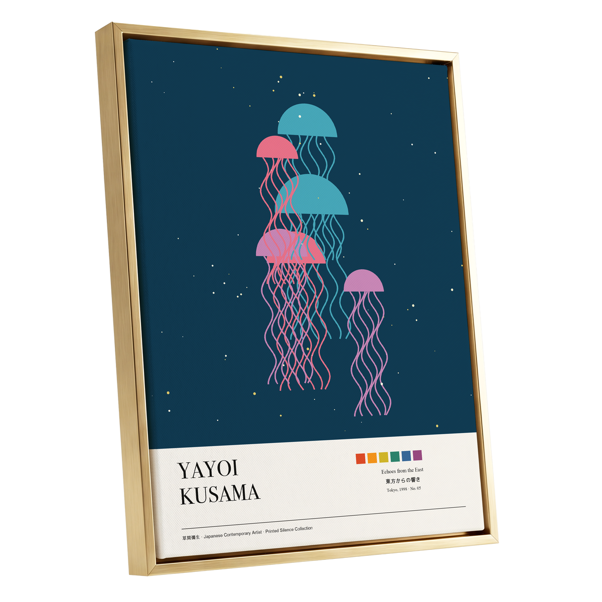 Jellyfish Constellation, blue, pink, beige nature wall art shown as a gold framed canvas wall art