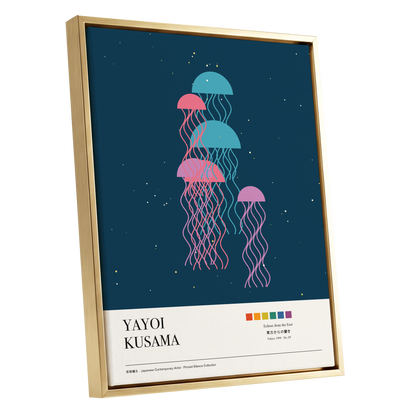 Jellyfish Constellation, blue, pink, beige nature wall art shown as a gold framed canvas wall art