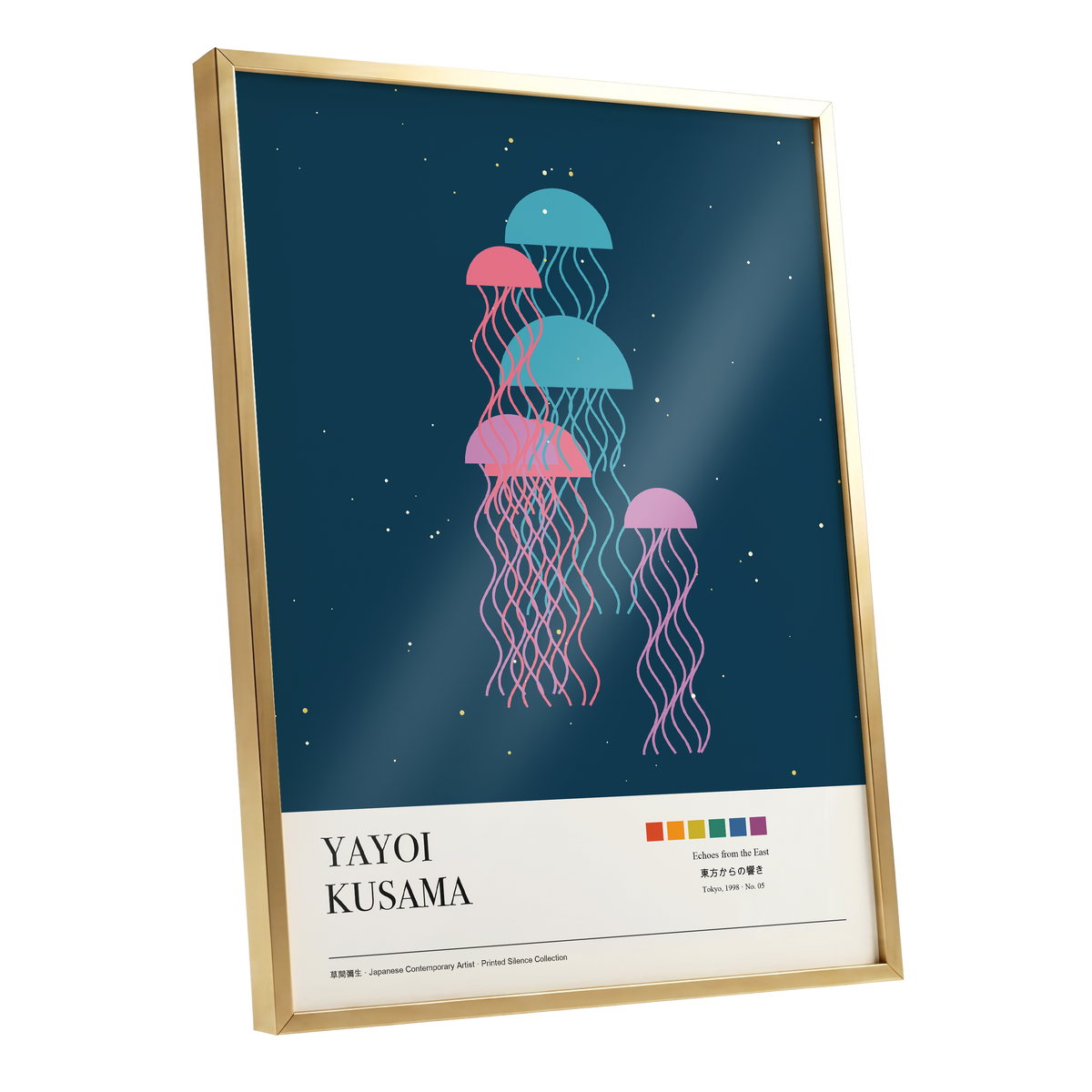 Jellyfish Constellation, blue, pink, beige nature wall art shown as a gold framed poster wall art print