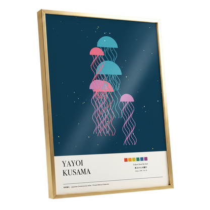 Jellyfish Constellation, blue, pink, beige nature wall art shown as a gold framed poster wall art print