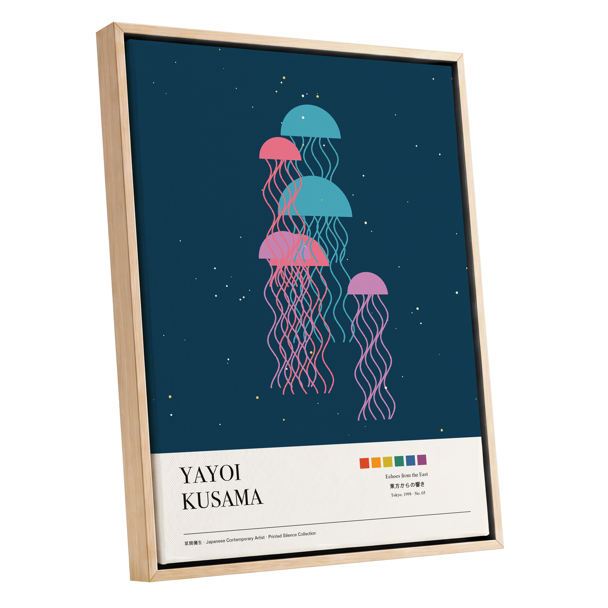 Jellyfish Constellation, blue, pink, beige nature wall art shown as a oak framed canvas wall art