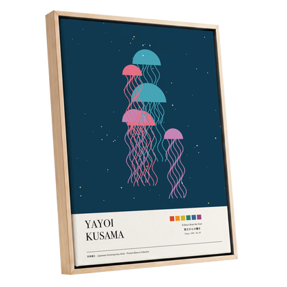 Jellyfish Constellation, blue, pink, beige nature wall art shown as a oak framed canvas wall art