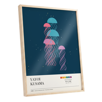 Jellyfish Constellation, blue, pink, beige nature wall art shown as a oak framed poster wall art print