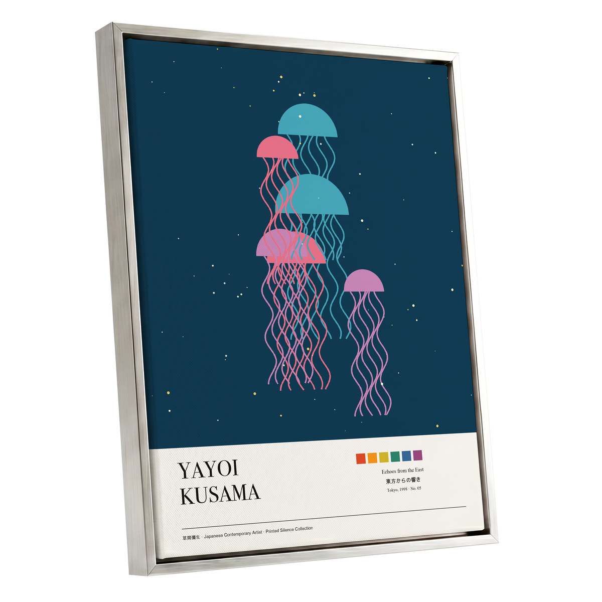 Jellyfish Constellation, blue, pink, beige nature wall art shown as a silver framed canvas wall art