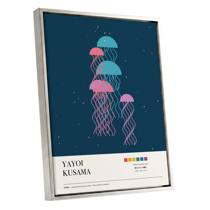 Jellyfish Constellation, blue, pink, beige nature wall art shown as a silver framed canvas wall art