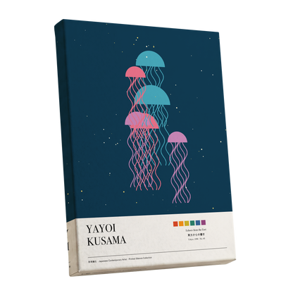 Jellyfish Constellation, blue, pink, beige nature wall art shown as a stretched canvas wall art