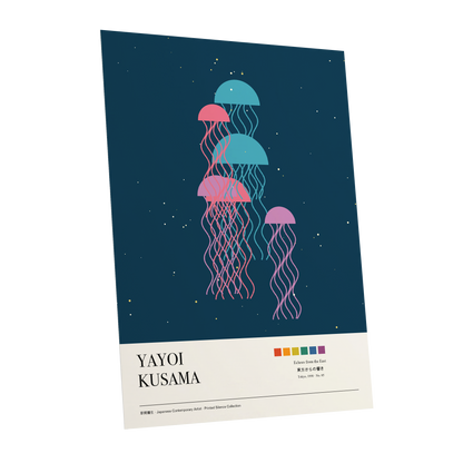 Jellyfish Constellation, blue, pink, beige nature wall art shown as a unframed poster wall art print