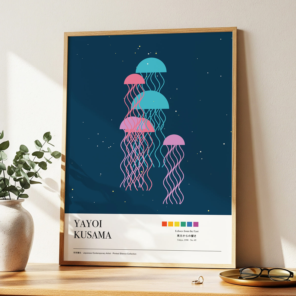 Jellyfish Constellation, blue, pink, beige nature wall art displayed in a styled interior, gallery view 2