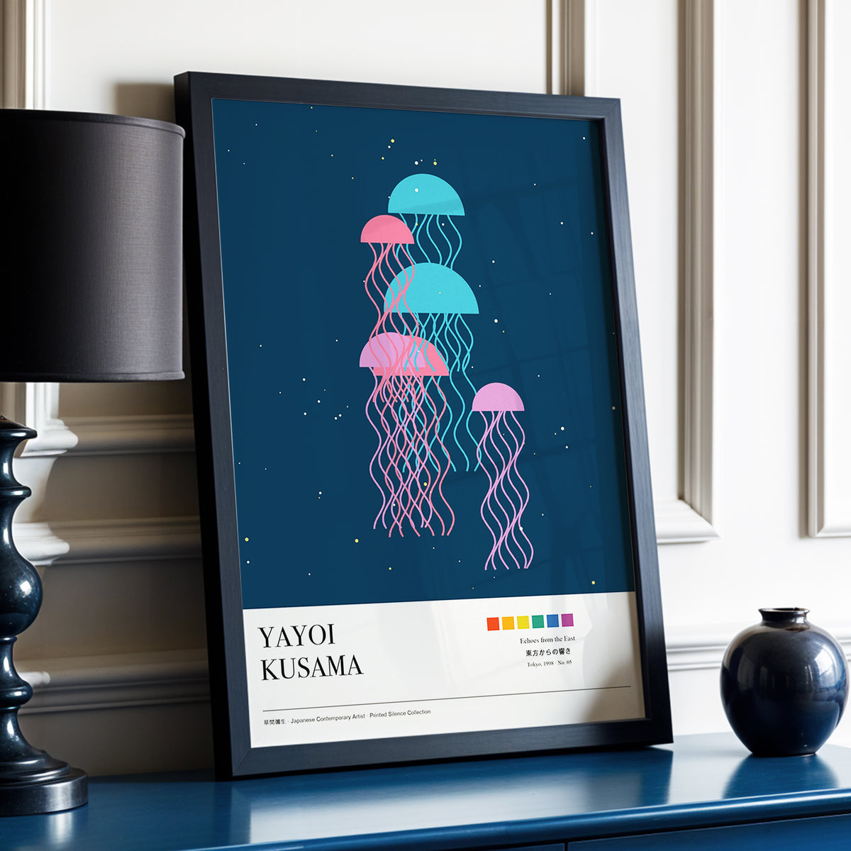 Jellyfish Constellation, blue, pink, beige nature wall art displayed in a styled interior, gallery view 3