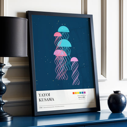 Jellyfish Constellation, blue, pink, beige nature wall art displayed in a styled interior, gallery view 3