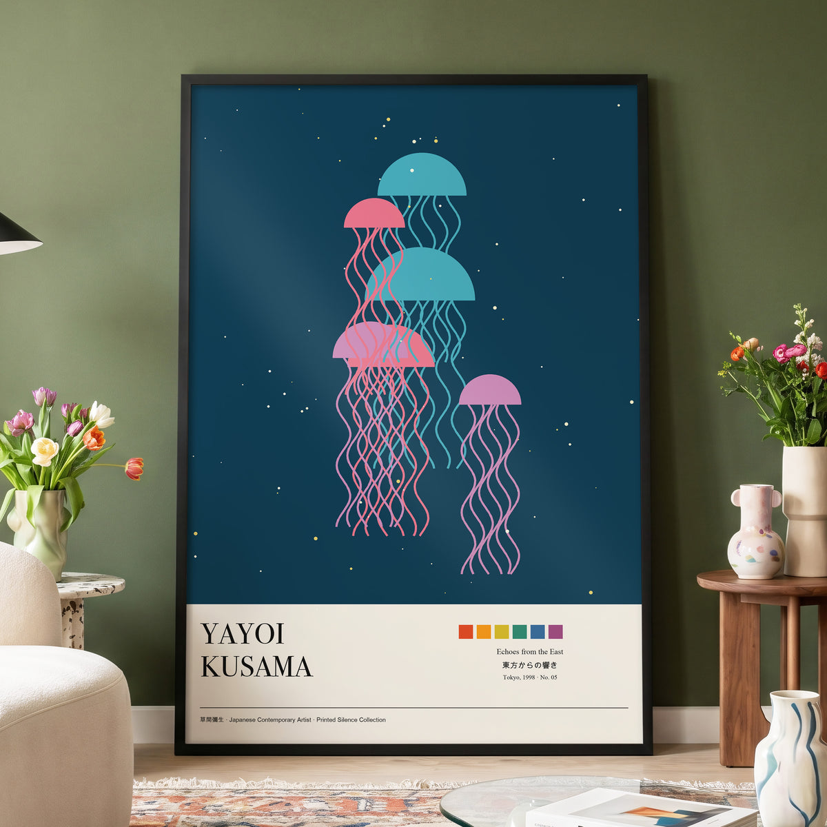 Jellyfish Constellation, blue, pink, beige nature wall art displayed in a styled interior, gallery view 4