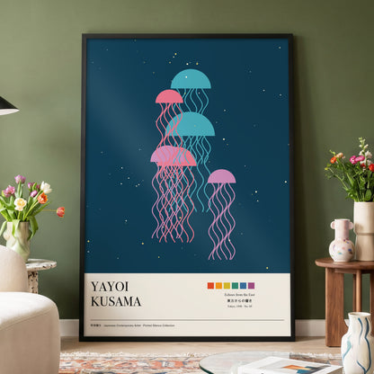 Jellyfish Constellation, blue, pink, beige nature wall art displayed in a styled interior, gallery view 4