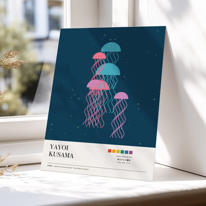 Jellyfish Constellation, blue, pink, beige nature wall art displayed in a styled interior, gallery view 5